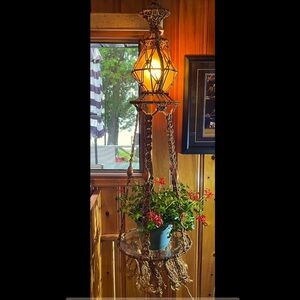 Vintage macrame flower pot holder with light